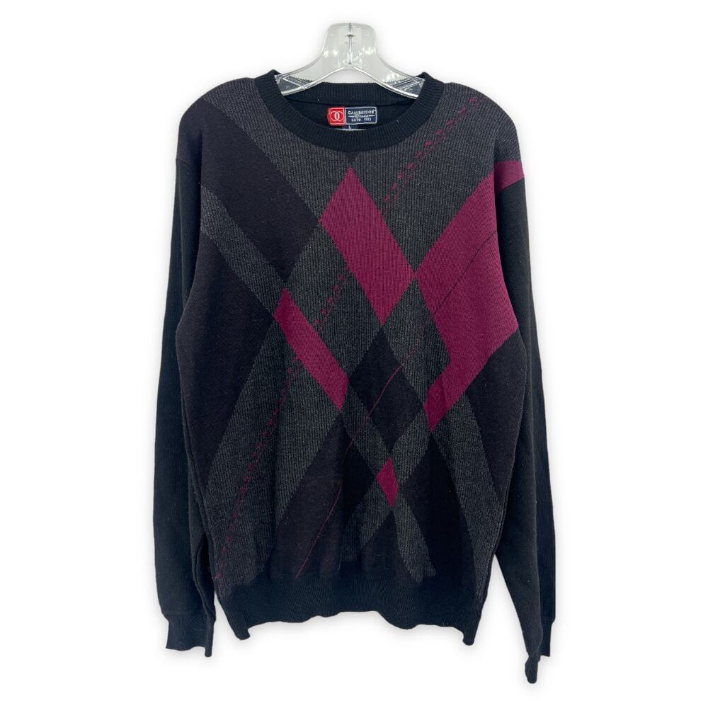 VINTAGE Y2K Black Argyle Sweater Jumper Mens LARGE Knit Pullover Long Sleeve